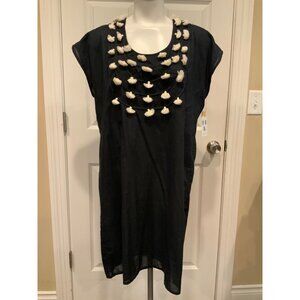 Figue Navy Blue Pullover Beach Cover-Up Dress White Tassel Neckline, Size M